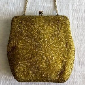 Vintage Evening Bag Gold Beaded Purse with Mirror